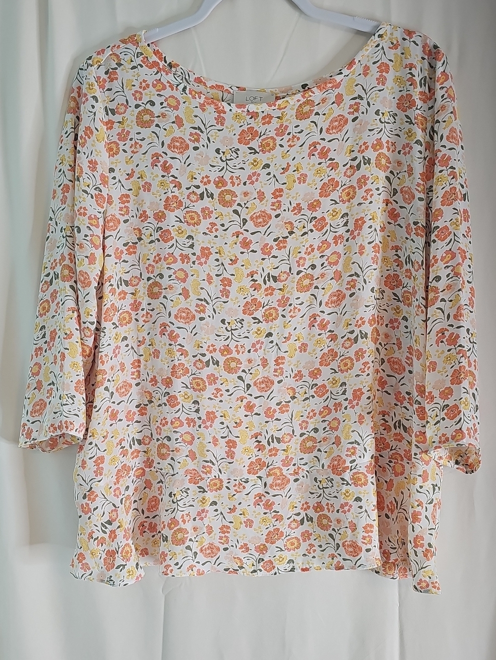 LOFT White Floral Scoop-Neck Tunic with Peach and Yellow Blooms